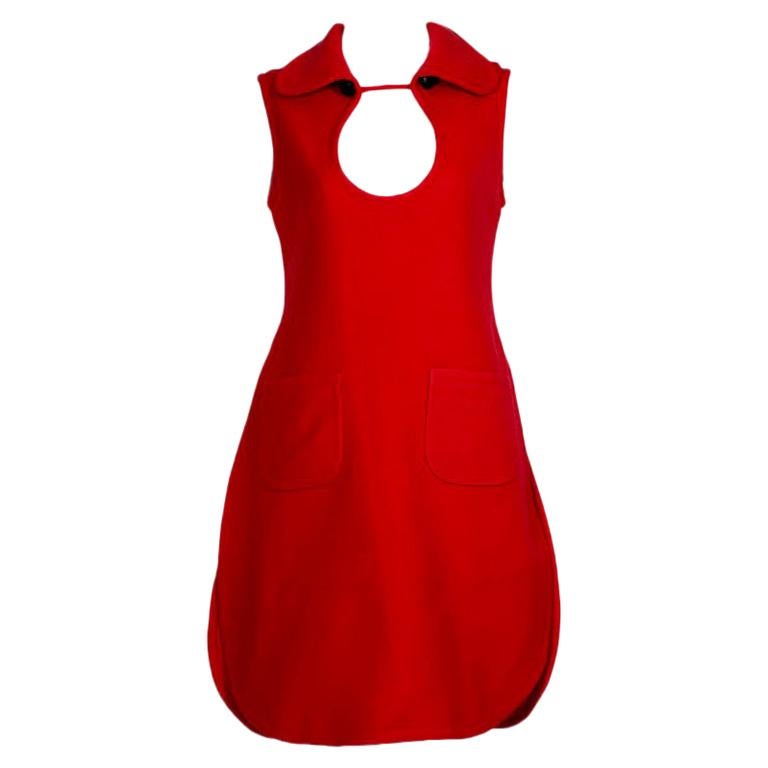 Red Space-Age Pierre Cardin Prototype Cutout Tabard Dress w Provenance-S-M, 1969