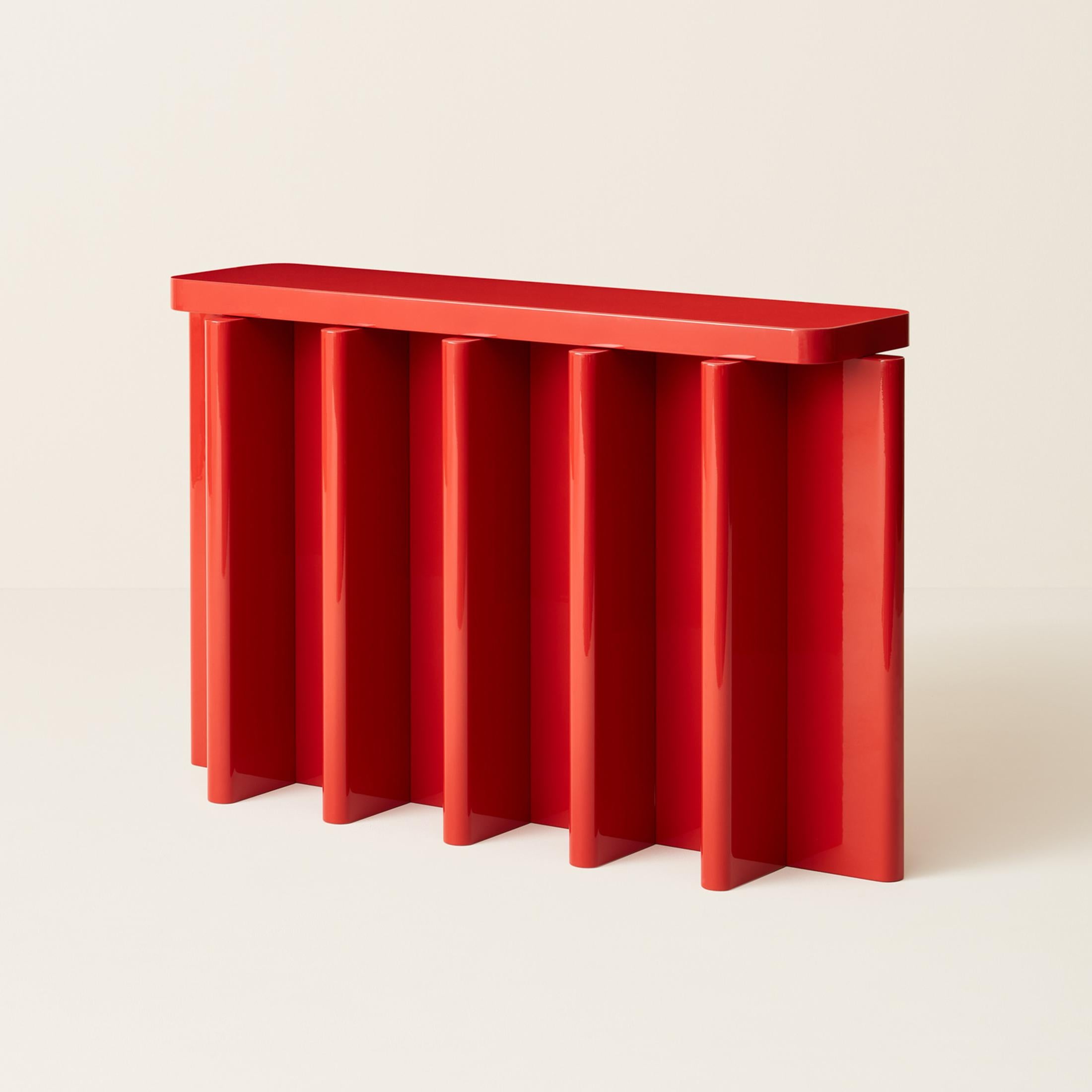 Red Spina C5.1 console table by Cara Davide.
Dimensions: D 130 x W 35 x H 80 cm.
Materials: solid nut wood, lacquered MDF. 
Also available in colors: Bordeaux, Caramel, dusty red, off-white, and natural wood.


Spina is a collection of
