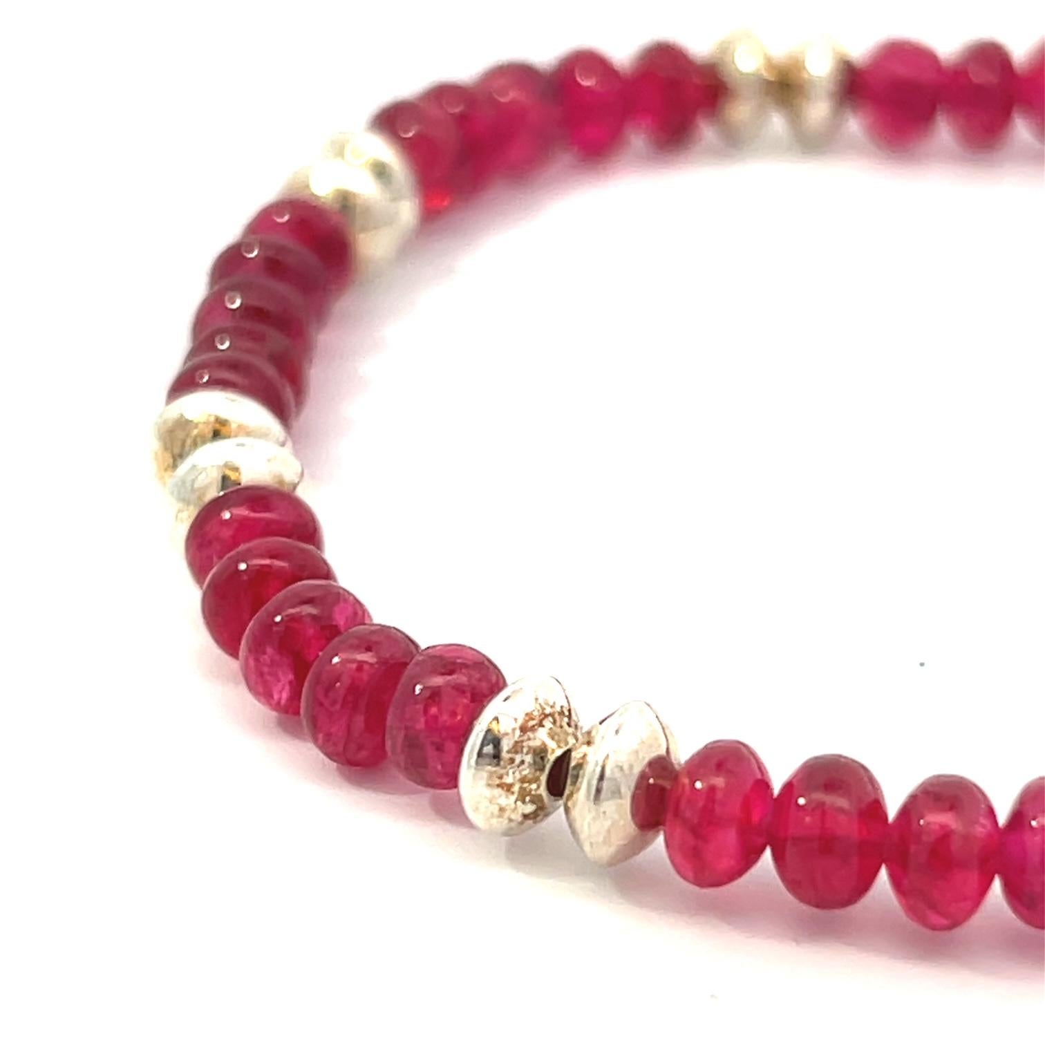 Women's or Men's Red Spinel 49ct Beads Sterling Silver Stretch Bracelet For Sale
