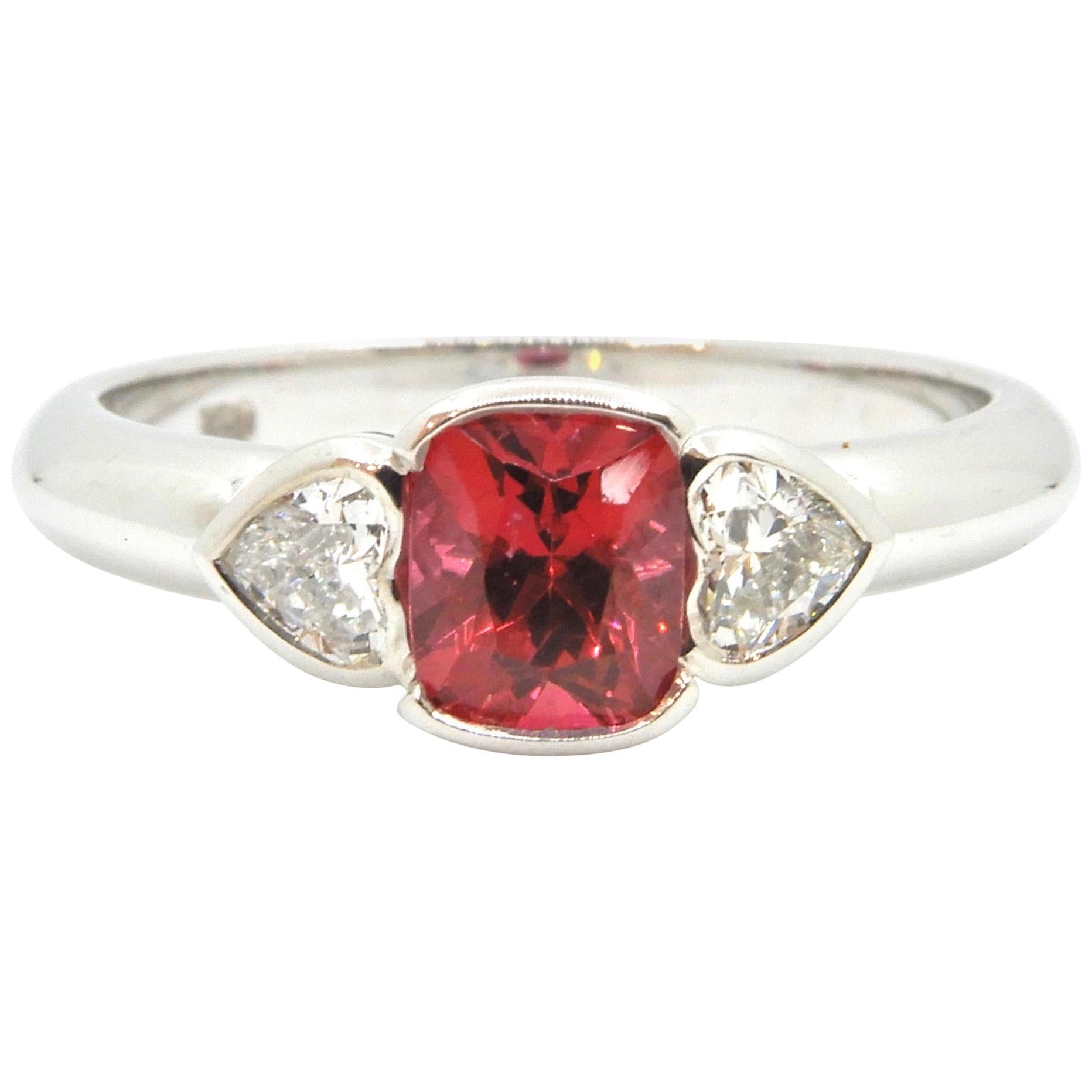 Red Spinel and Heart Cut Diamond White Gold Handmade Three-Stone Engagement Ring For Sale