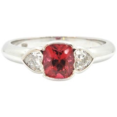 Red Spinel and Heart Cut Diamond White Gold Handmade Three-Stone Engagement Ring