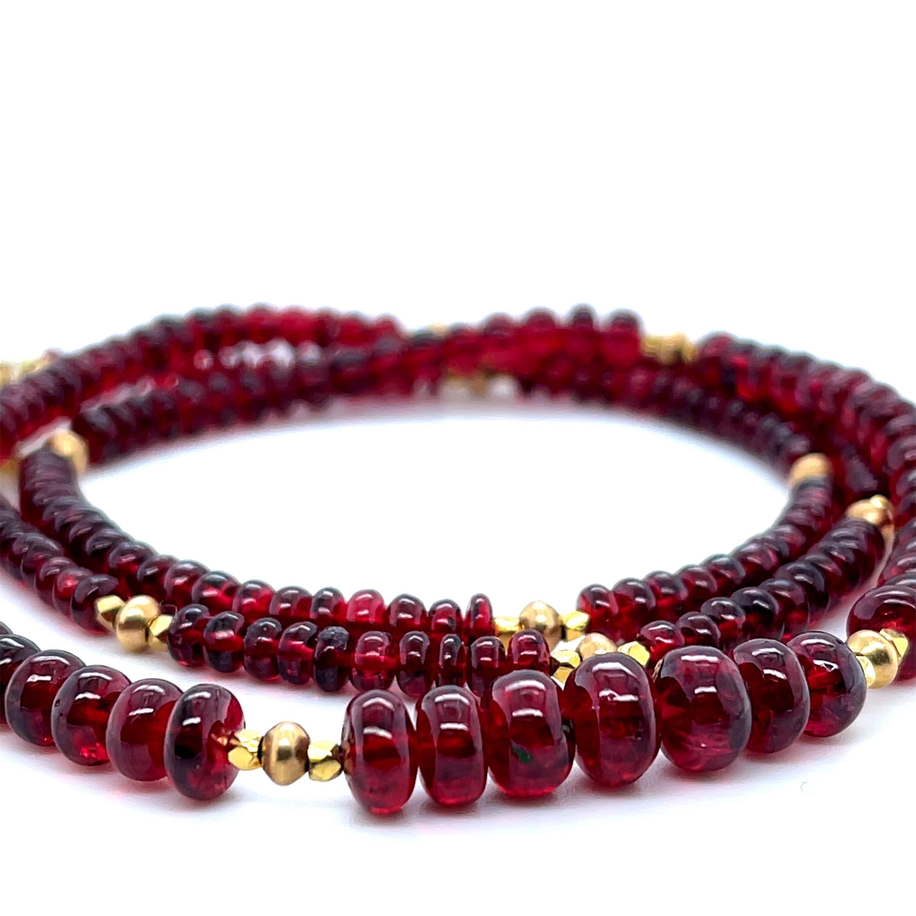 Artisan Red Spinel Graduating Bead Necklace with Yellow Gold Spacers, 19 Inches For Sale