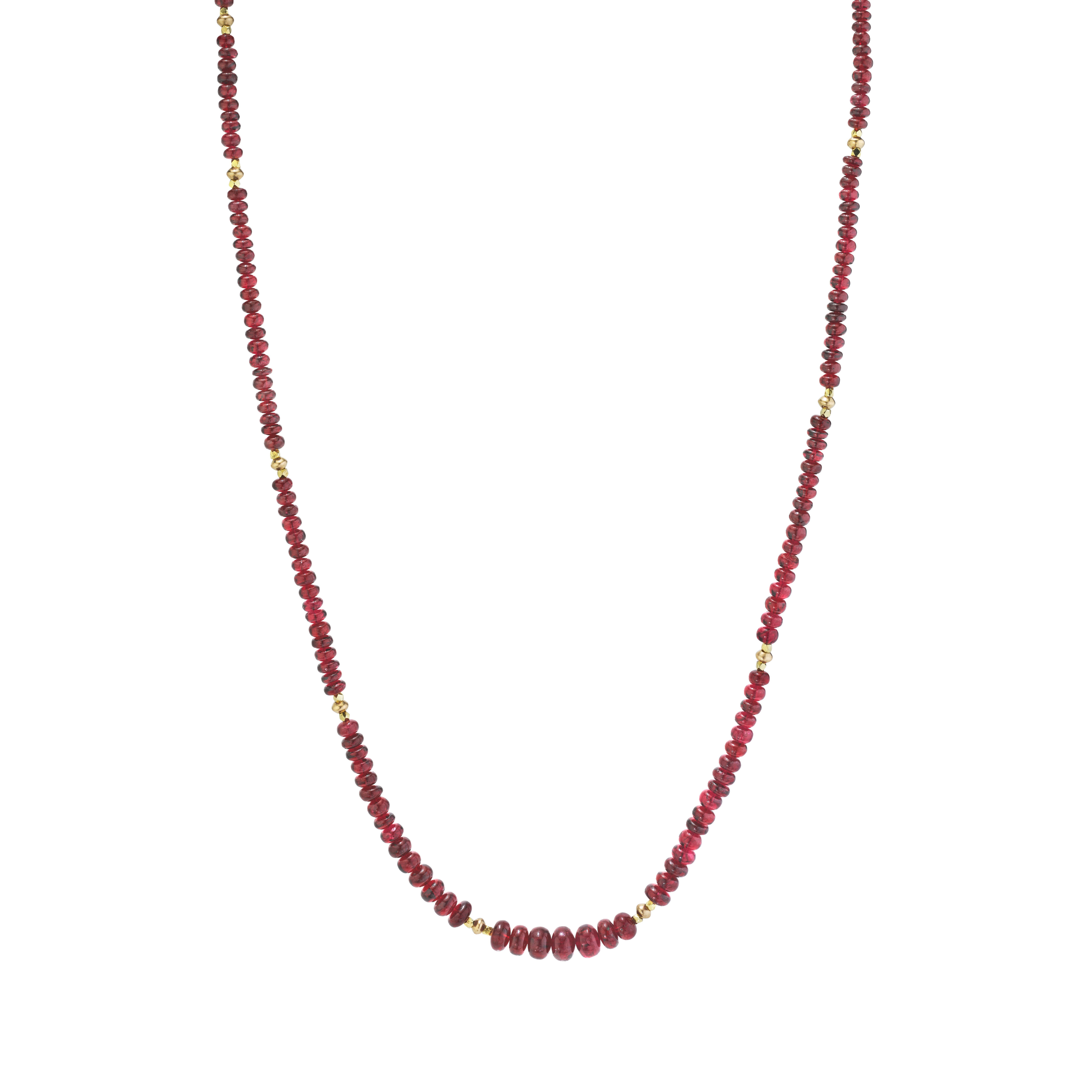 This strand of fine quality spinel beads would be at home in a 19th century ballroom or a 21st century boardroom! Rich, pomegranate red oval rondelles have been hand strung with 22k yellow gold spacers and an 18k yellow gold clasp in an elegant