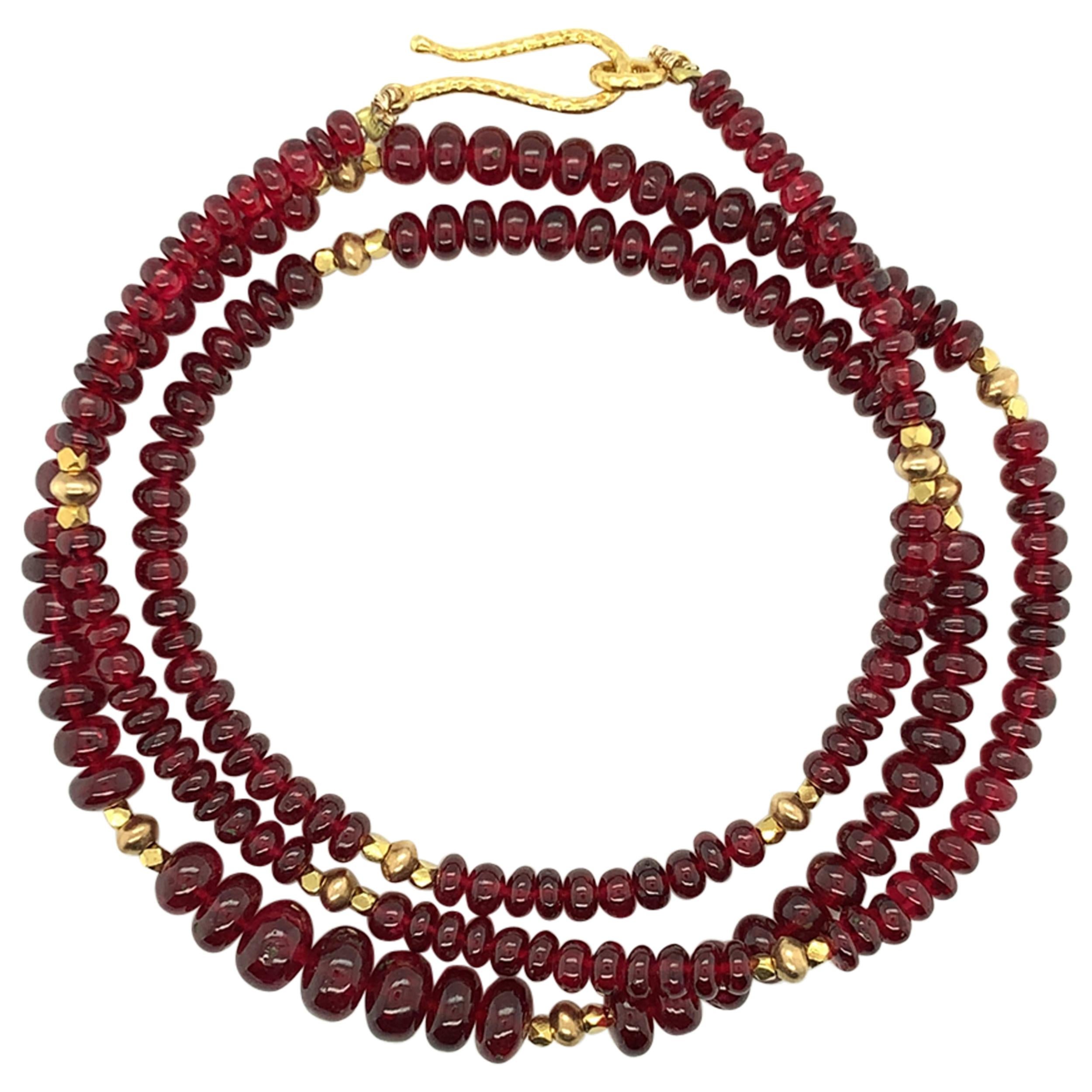 Red Spinel Bead Graduated Strand Necklace with Yellow Gold Spacers, 21 Inches