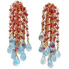 Red Spinel Blue Topaz and Yellow Gold Bead Drop Earrings