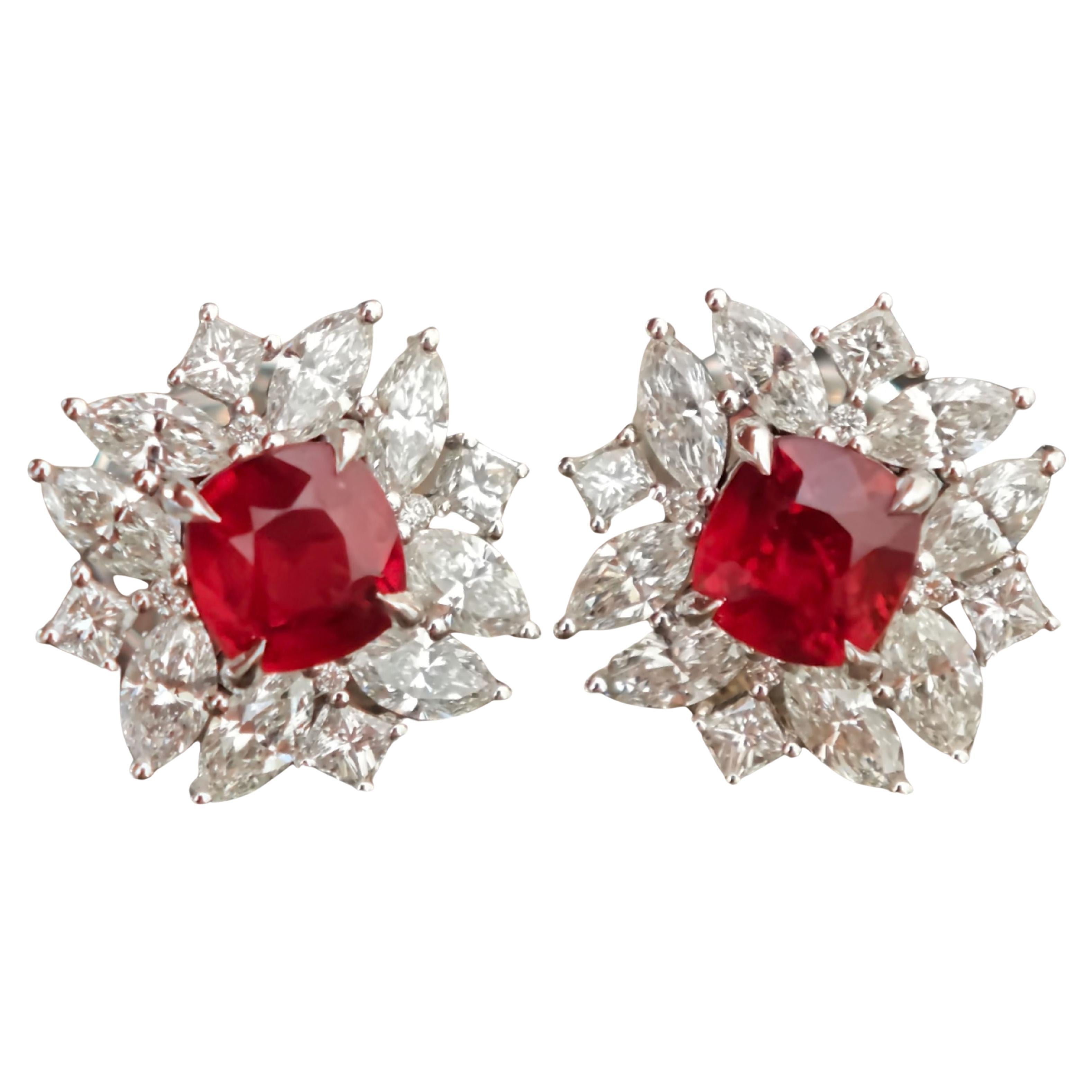 Red Cushion Spinel with Marquise & Princess diamond earrings For Sale