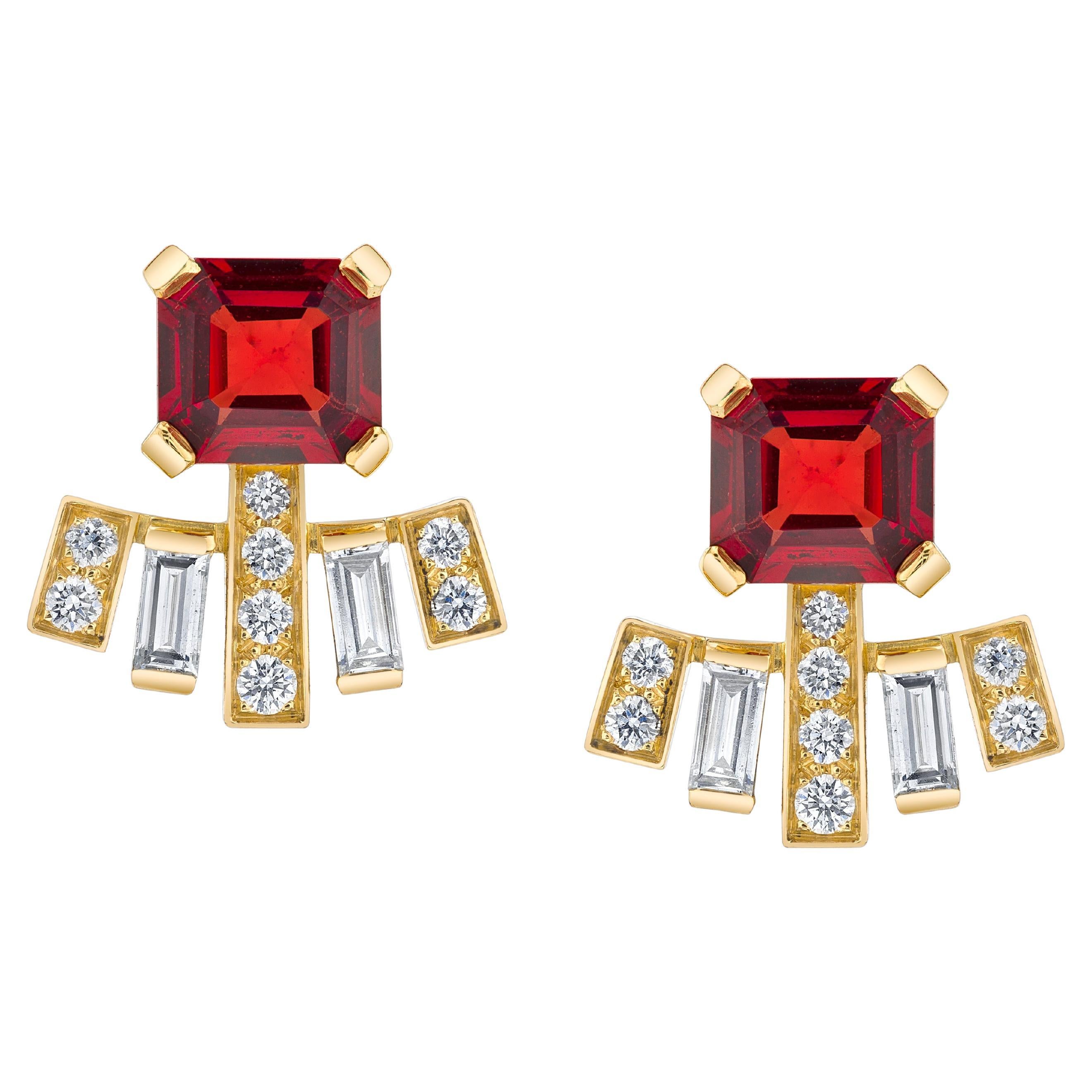 Red Spinel & Diamond Art Deco 18K Yellow Gold Earrings For Sale