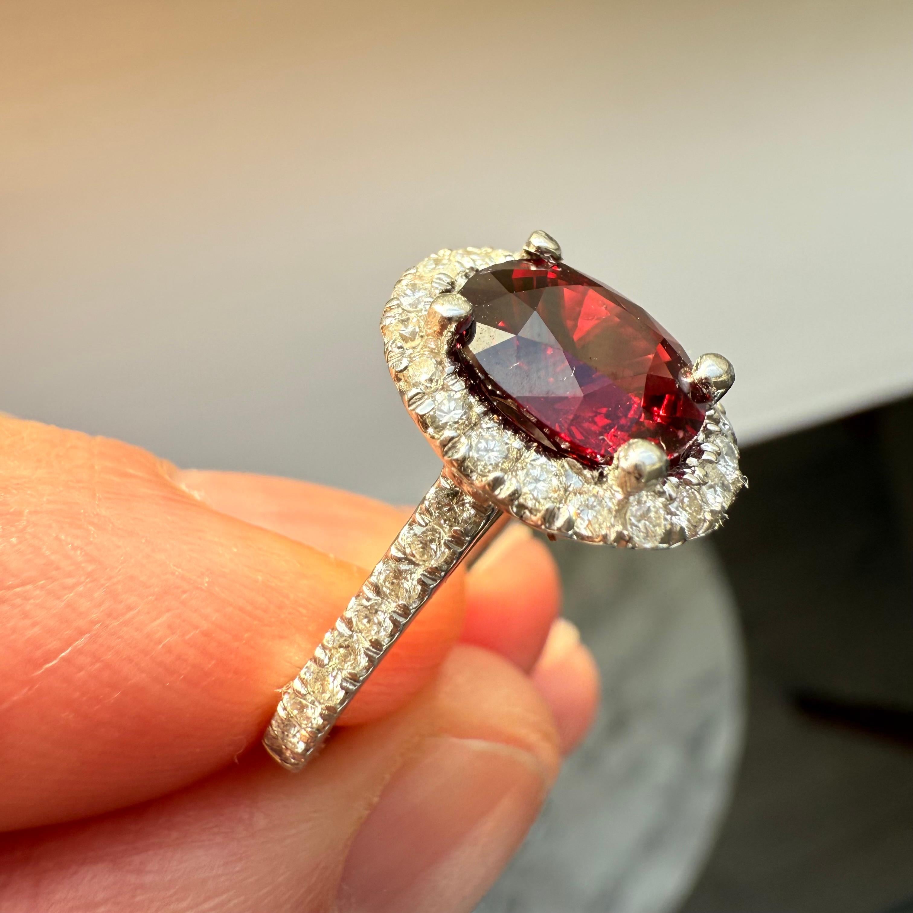 Women's or Men's Red Spinel Diamond Halo Platinum Ring 2.47 cts Oval