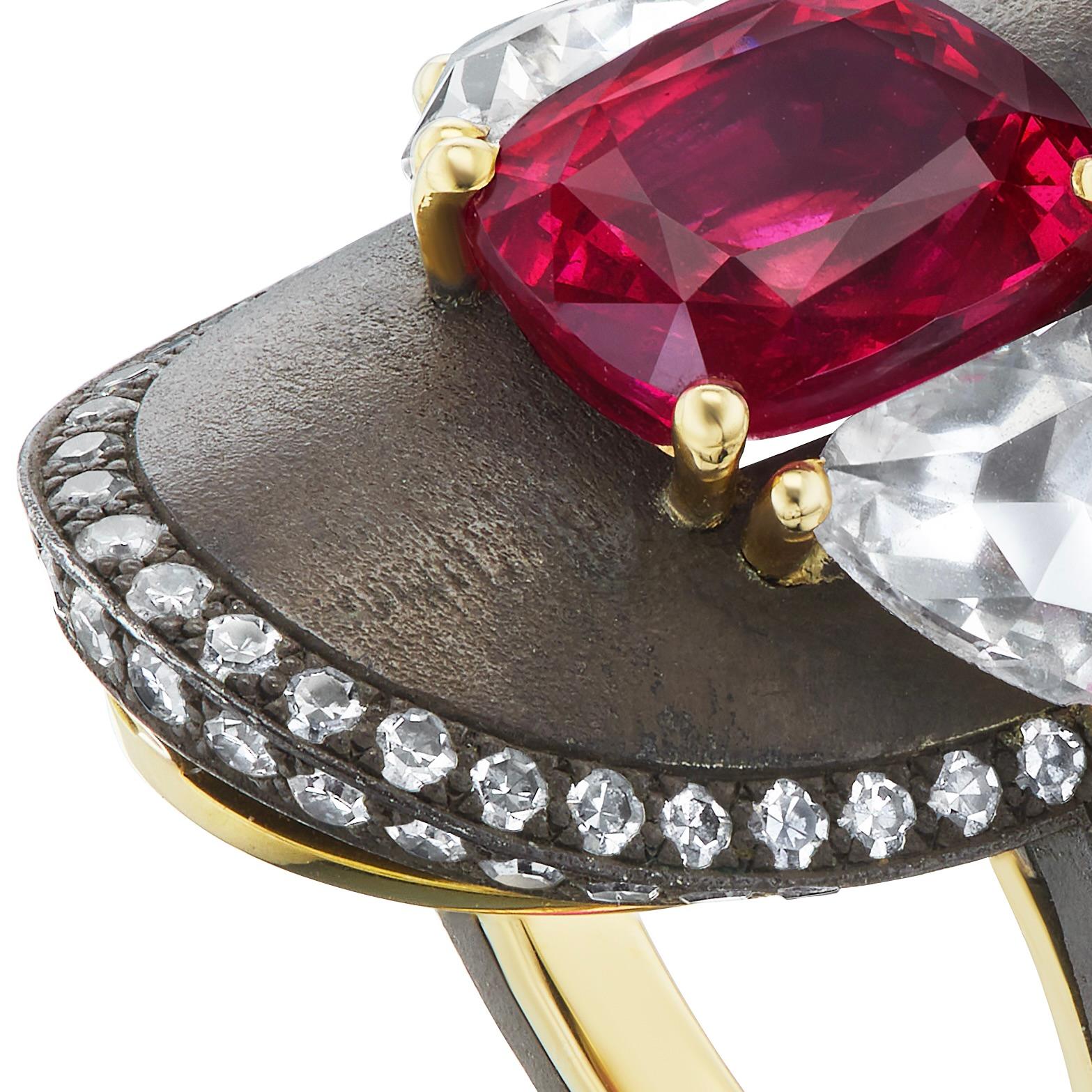 Cushion Cut Red Spinel Diamond Steel Gold Ring For Sale