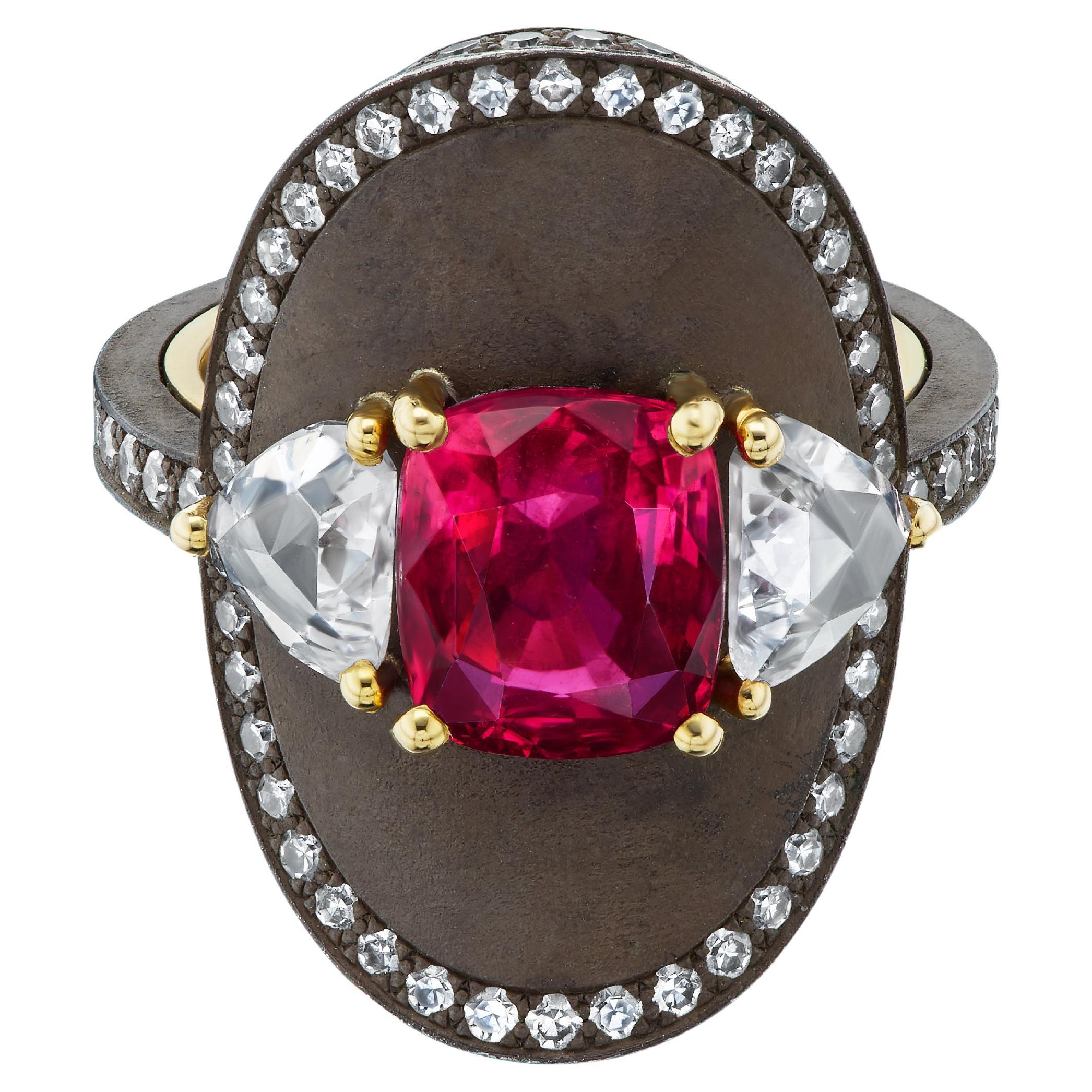 Red Spinel Diamond Steel Gold Ring