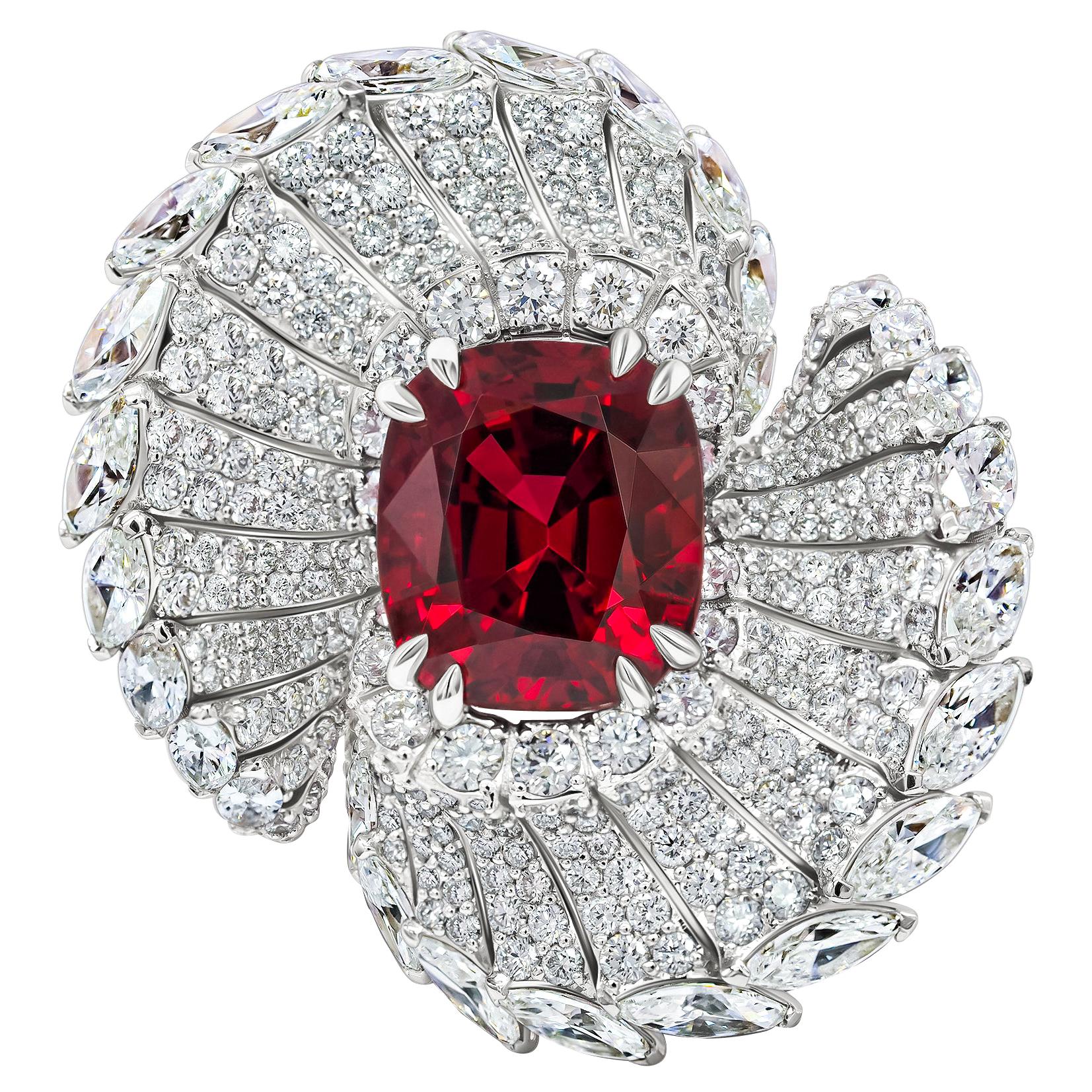 Red Spinel & Diamonds Ring, 18k White Gold Red Spinel & Diamonds Ring For Sale