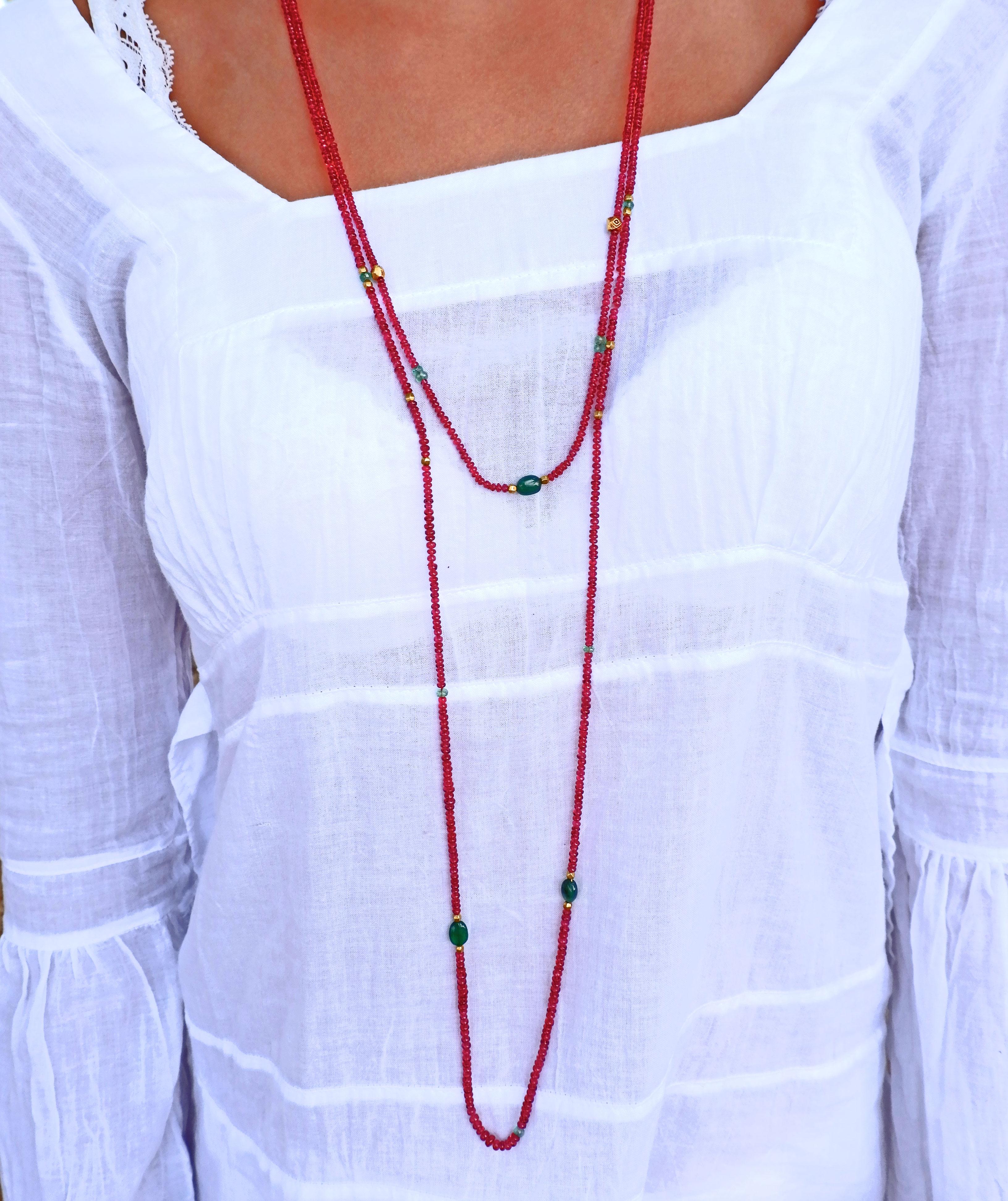 This unique and chic sautoir necklace is made of precious beads that we found on our travels in the Far East. The inspiration was the ancient trade routes along the silk road with it's gem filled cargo. Vibrant red spinels are flanked by three