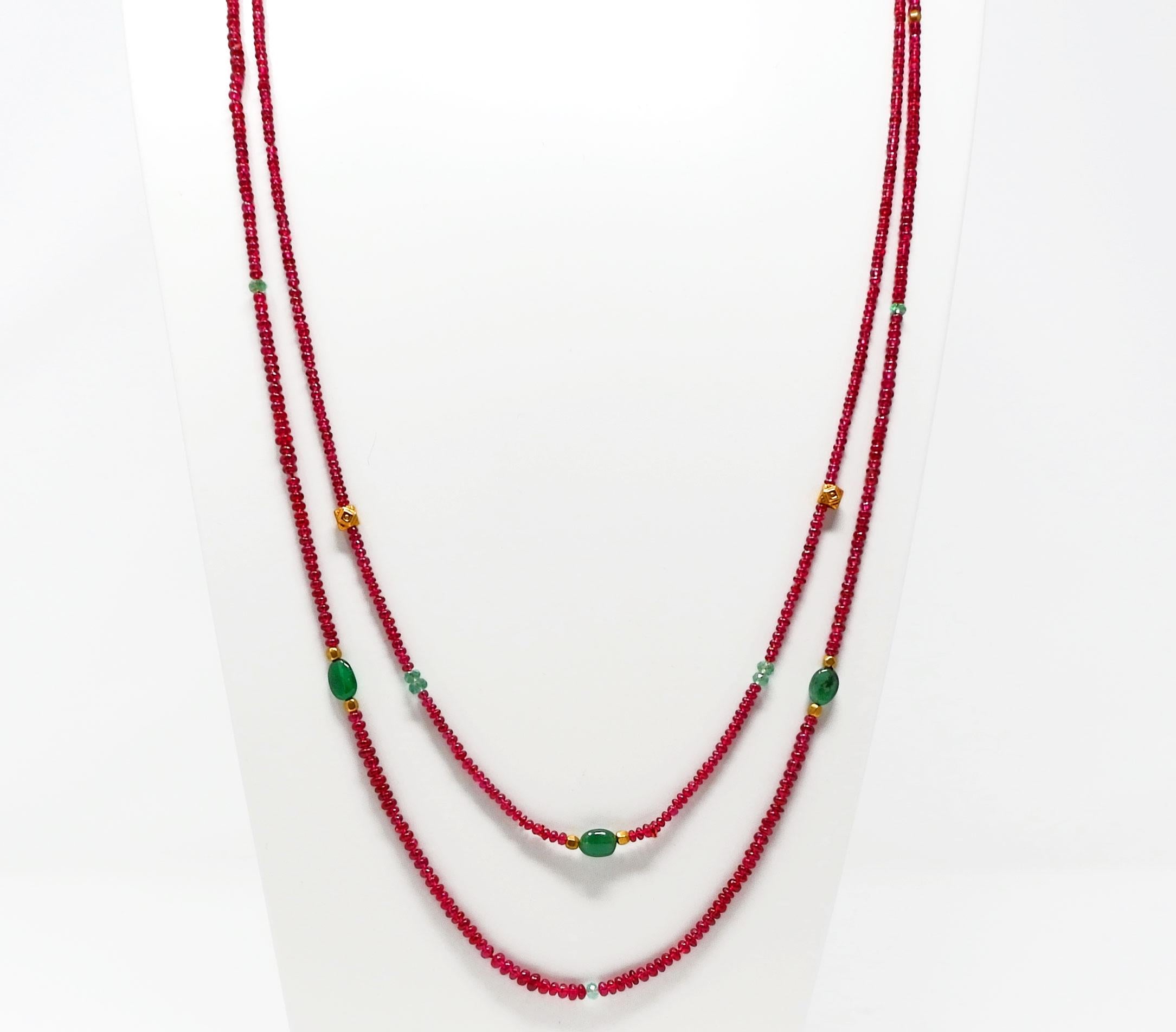 Contemporary Red Spinel Emerald Fluorite and Gold Sautoir Bead Necklace For Sale