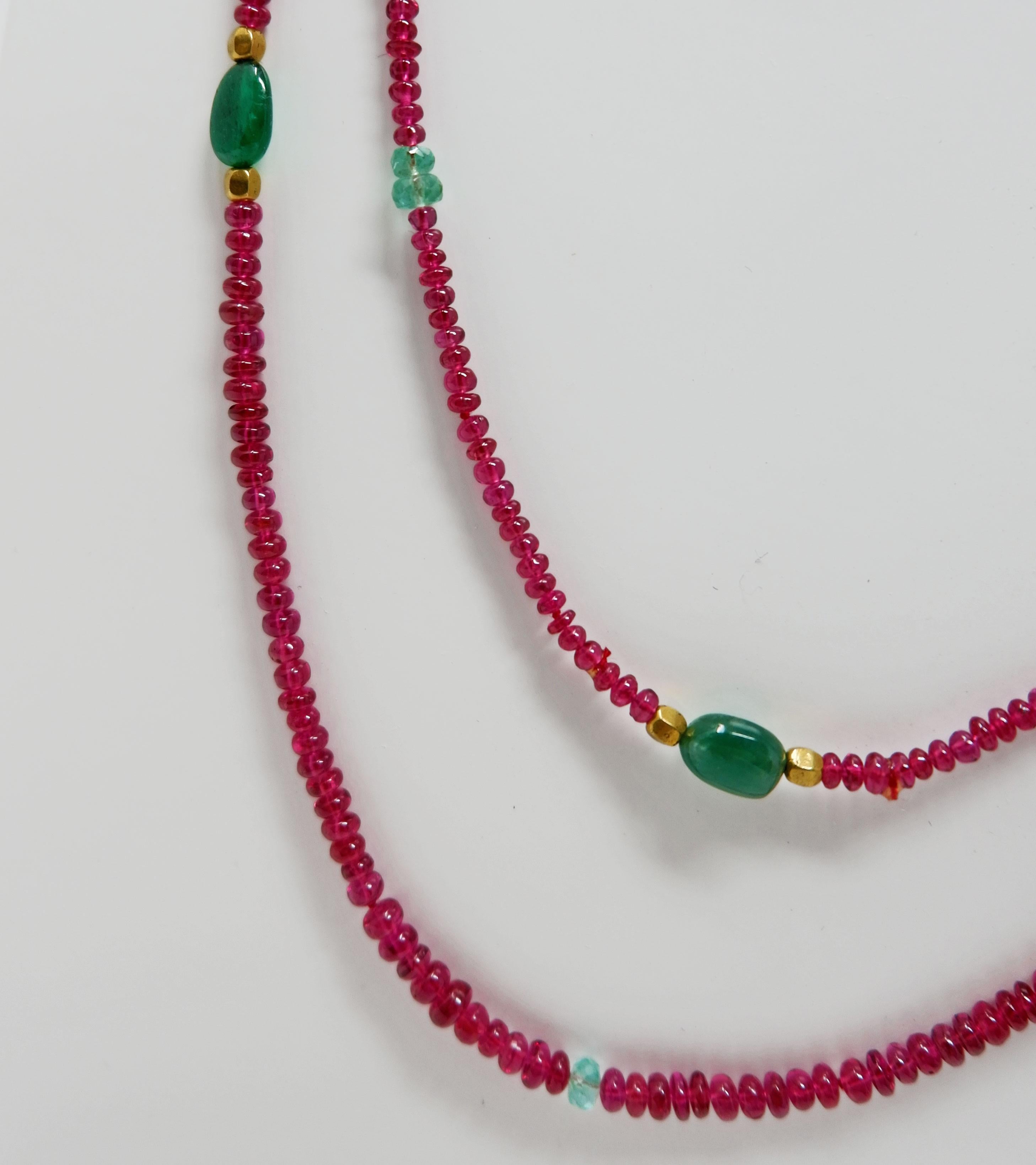 Women's Red Spinel Emerald Fluorite and Gold Sautoir Bead Necklace For Sale