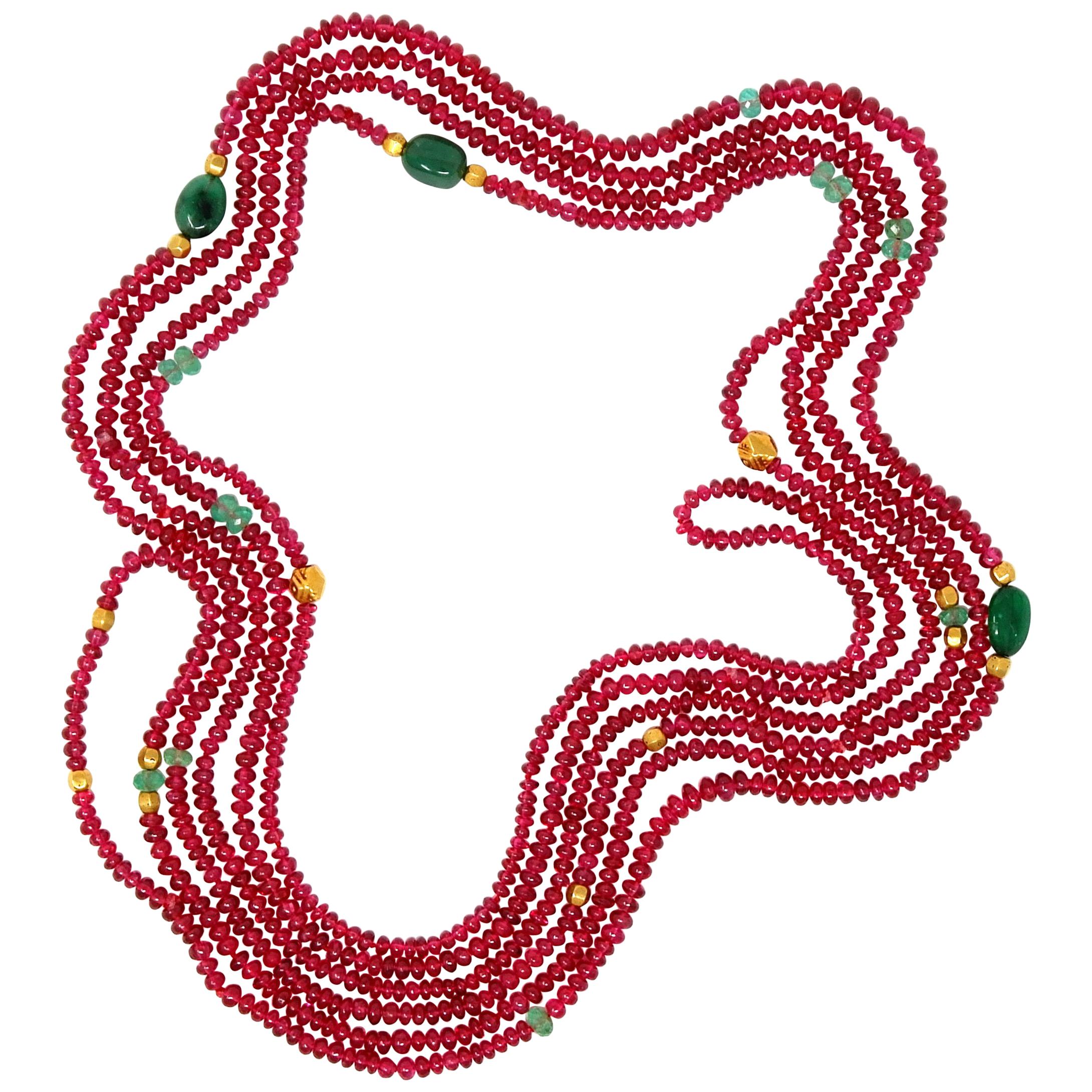 Red Spinel Emerald Fluorite and Gold Sautoir Bead Necklace For Sale
