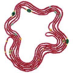 Red Spinel Emerald Fluorite and Gold Sautoir Bead Necklace