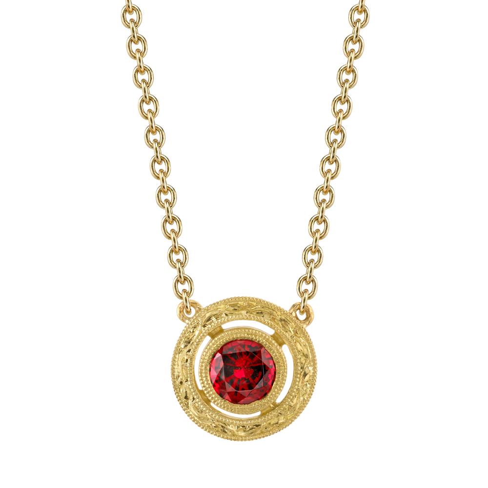 Artisan Red Spinel Necklace with Hand Engraved Yellow Gold Halo and Adjustable Chain  For Sale