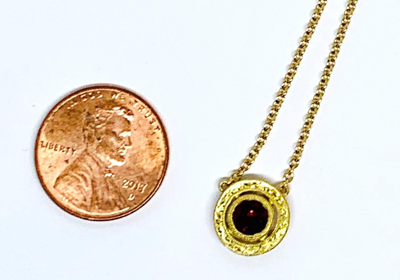 Round Cut Red Spinel Necklace with Hand Engraved Yellow Gold Halo and Adjustable Chain  For Sale