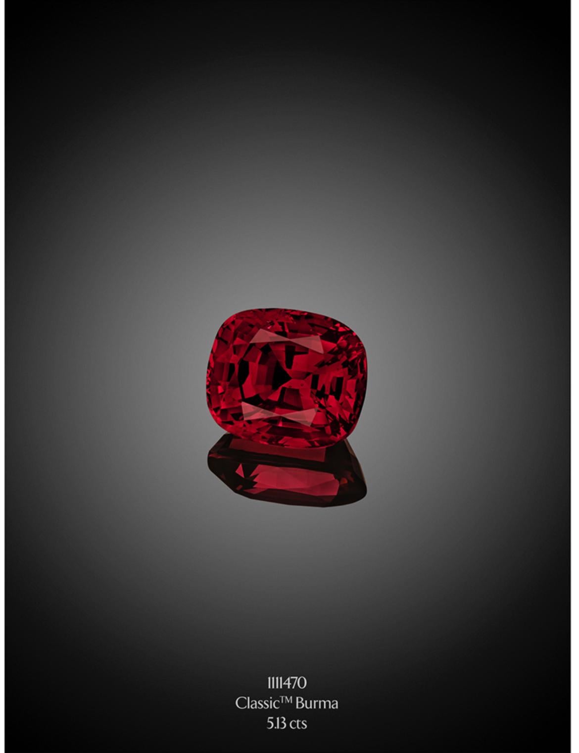 This exceptional 5 carat Burma Red Spinel cushion-cut gem, has been awarded the distinguished 