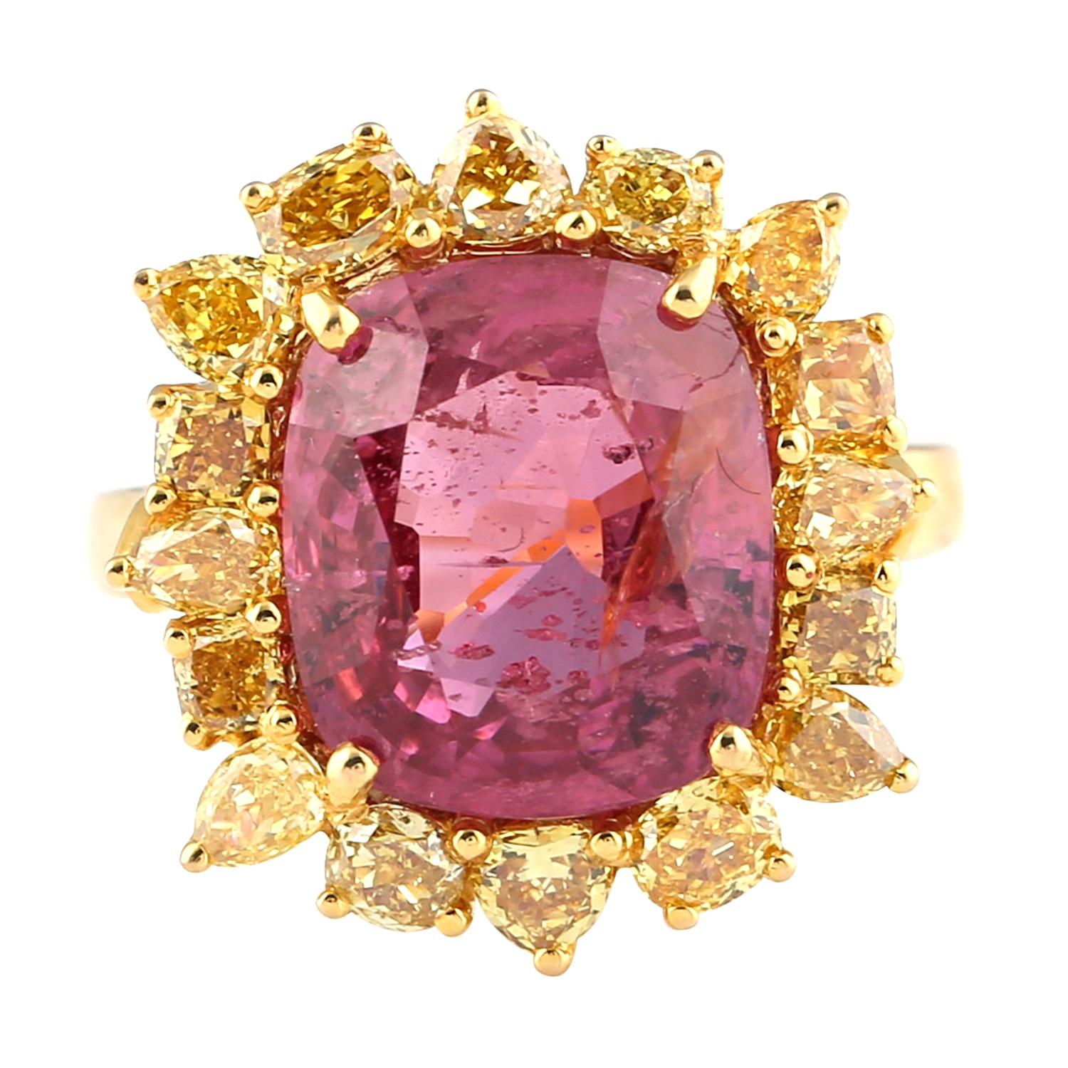 Modernist Red Spinel Ring with Yellow Diamonds in 18 Karat Yellow Gold