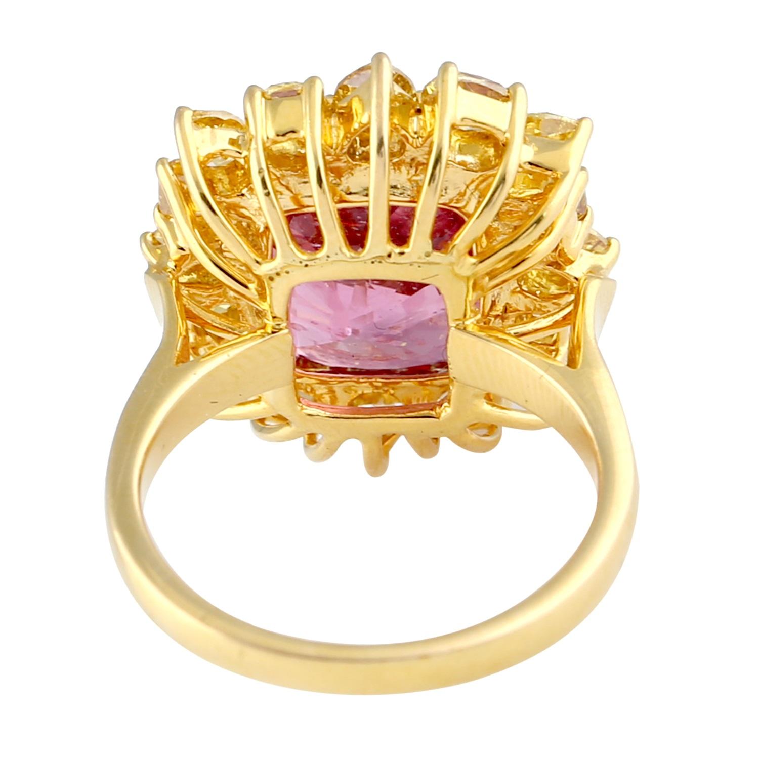Brilliant Cut Red Spinel Ring with Yellow Diamonds in 18 Karat Yellow Gold