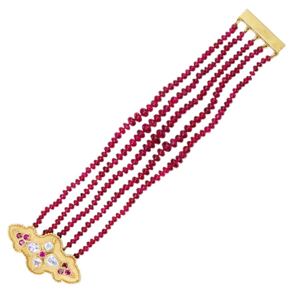 Red Spinel, Ruby and Moonstone 5 Strand Bracelet by Paula Crevoshay For Sale