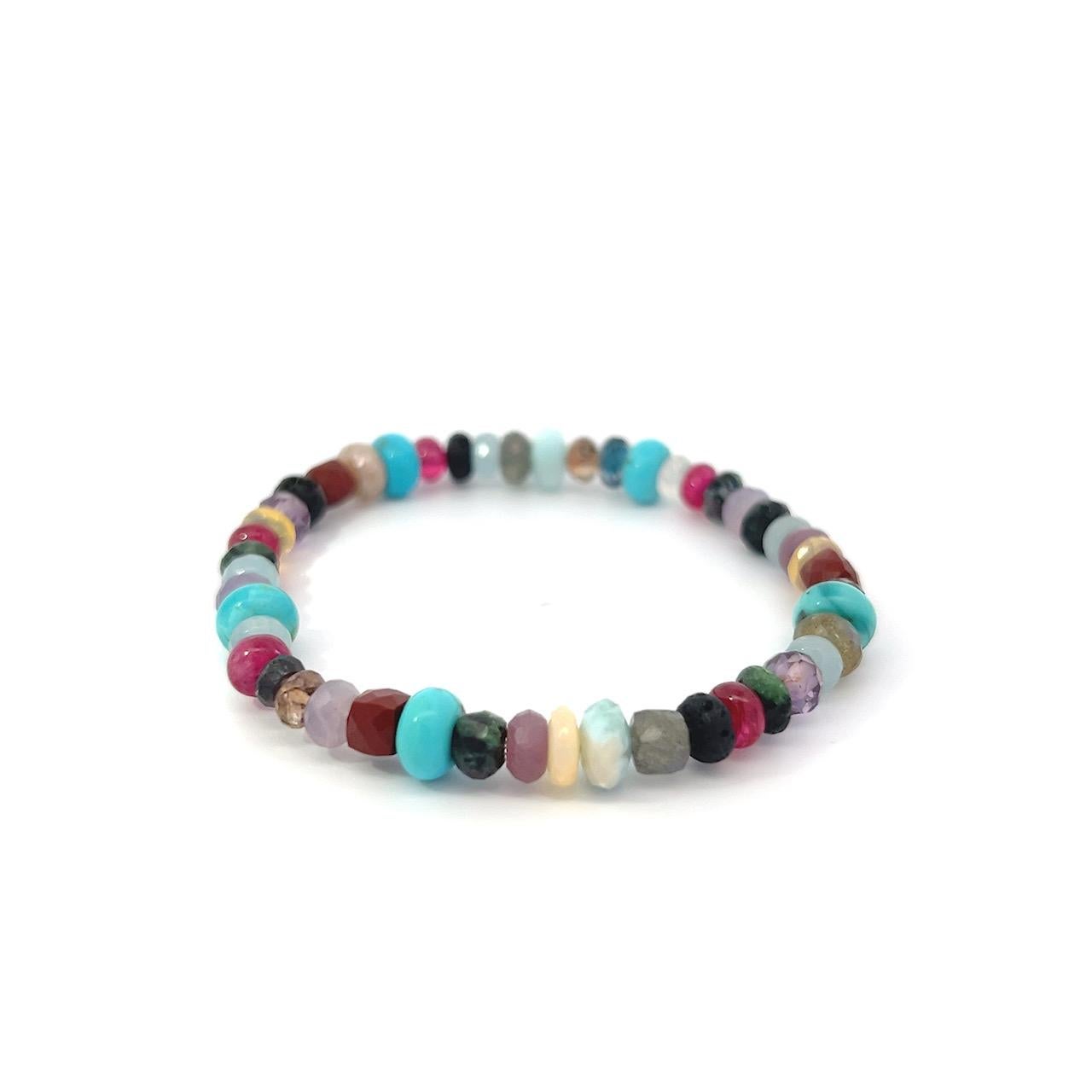 Red Spinel Turquoise Chalcedony Aquamarine Opal Topaz Moonstone Stretch Bracelet In New Condition For Sale In New York, NY