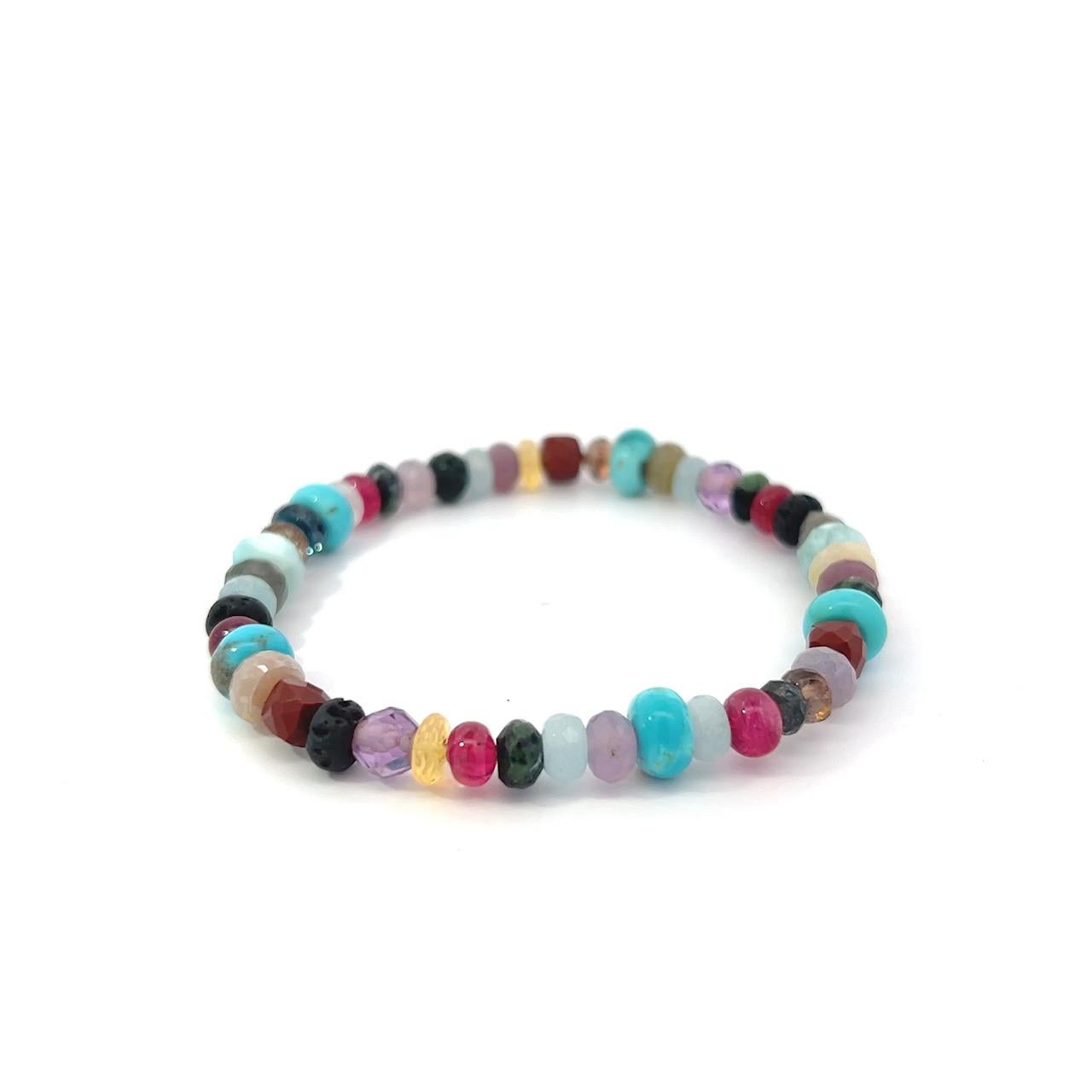 Women's or Men's Red Spinel Turquoise Chalcedony Aquamarine Opal Topaz Moonstone Stretch Bracelet For Sale