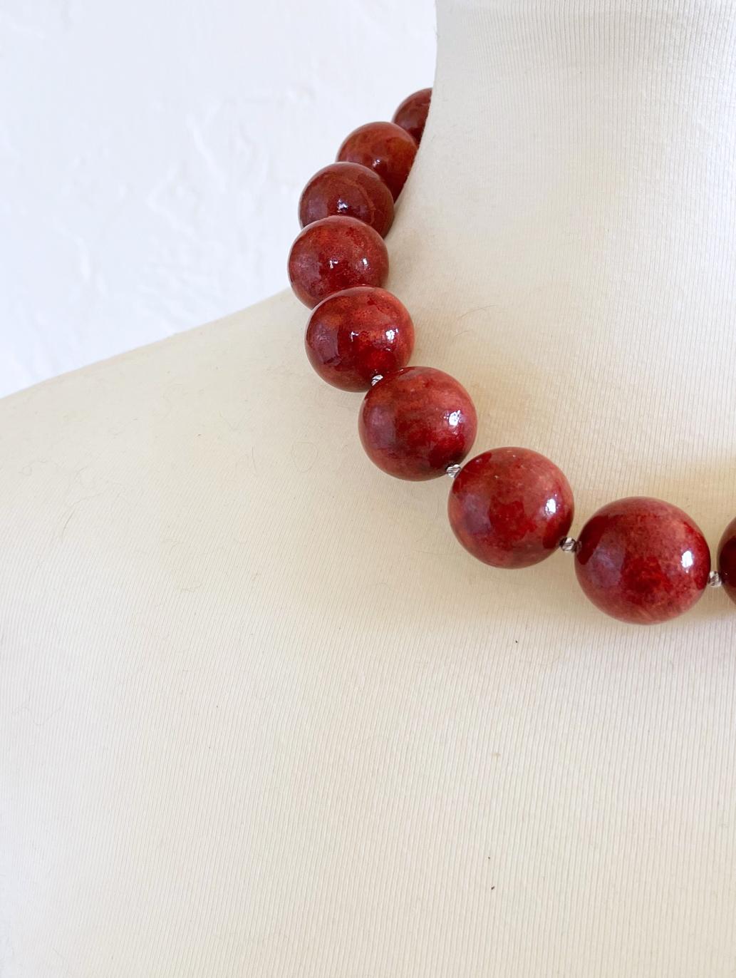 Round Cut Red Sponge Coral 24mm Round Beaded Statement Necklace For Sale