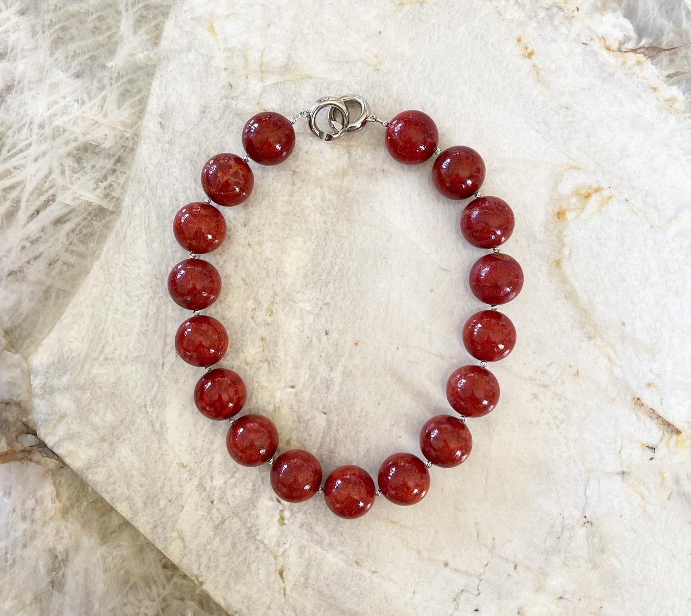 Women's Red Sponge Coral 24mm Round Beaded Statement Necklace For Sale