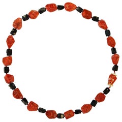 Red Sponge Coral and Pyrite Beads Strand with Diamond 18 Karat Clasp