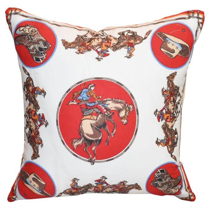 Red Square Scarf Cowboy Motif Silky Pillow with Down Insert
