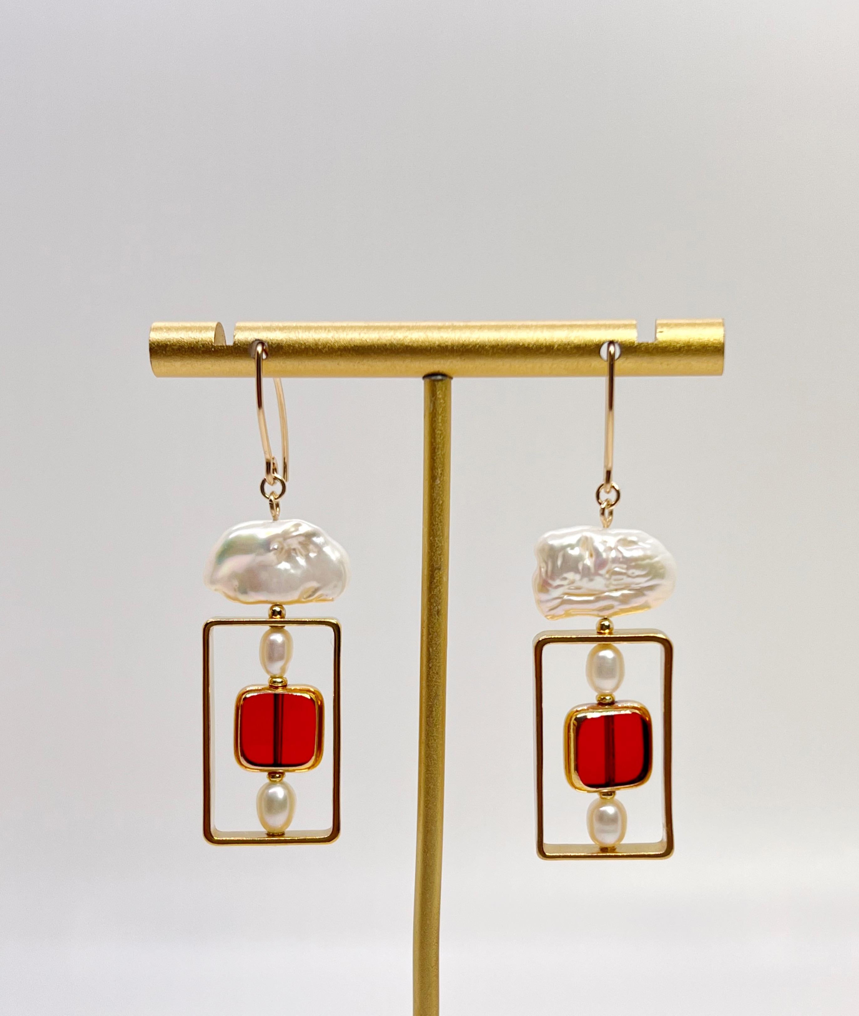 Contemporary Red Square Vintage German Glass Beads edged with 24K gold with Pearls Earrings For Sale