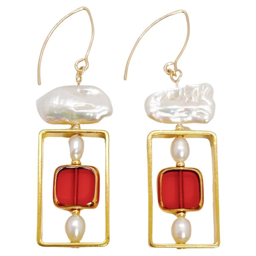 Red Square Vintage German Glass Beads edged with 24K gold with Pearls Earrings For Sale