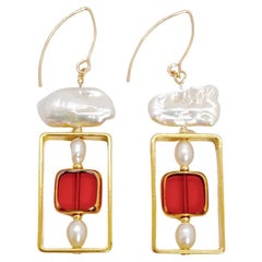 Red Square Vintage German Glass Beads edged with 24K gold with Pearls Earrings