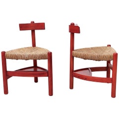 Red Stained Wim Den Boon Style Tri-Pod Rush Chair