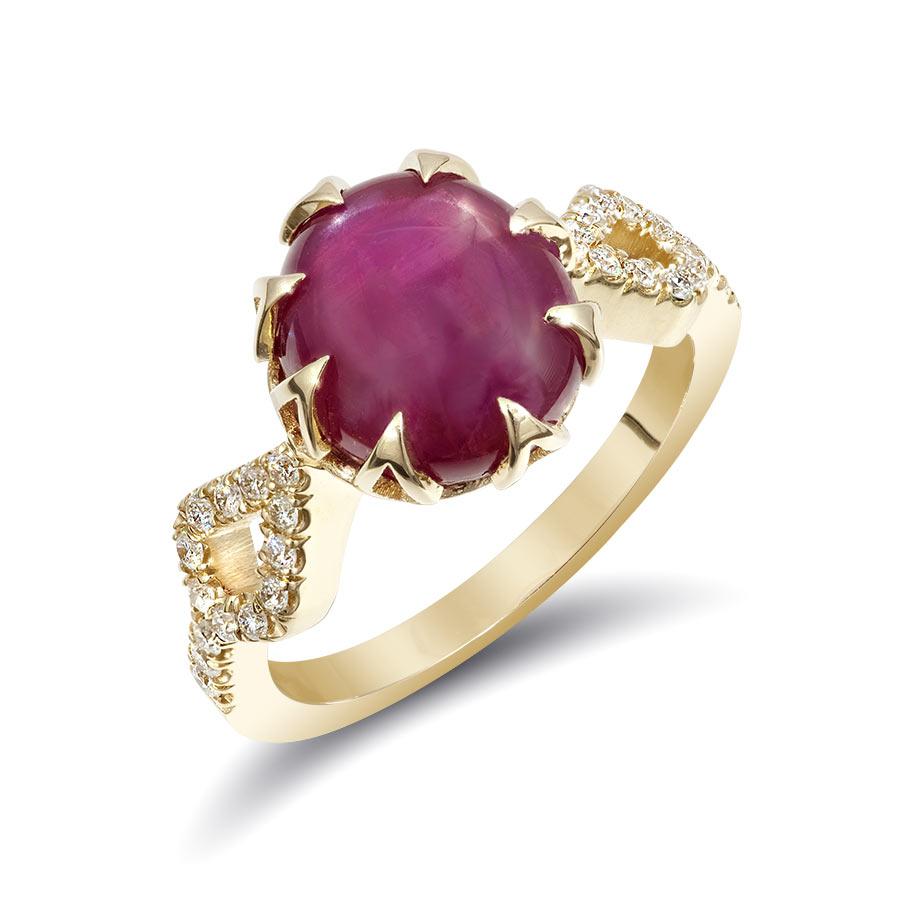 Mixed Cut Red Star Ruby Stone 5.45 cts in 14K Yellow Gold Ring with Diamonds / GIA Report For Sale