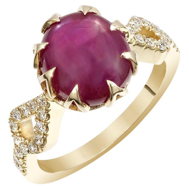 Red Star Ruby Stone 5.45 cts in 14K Yellow Gold Ring with Diamonds / GIA Report For Sale