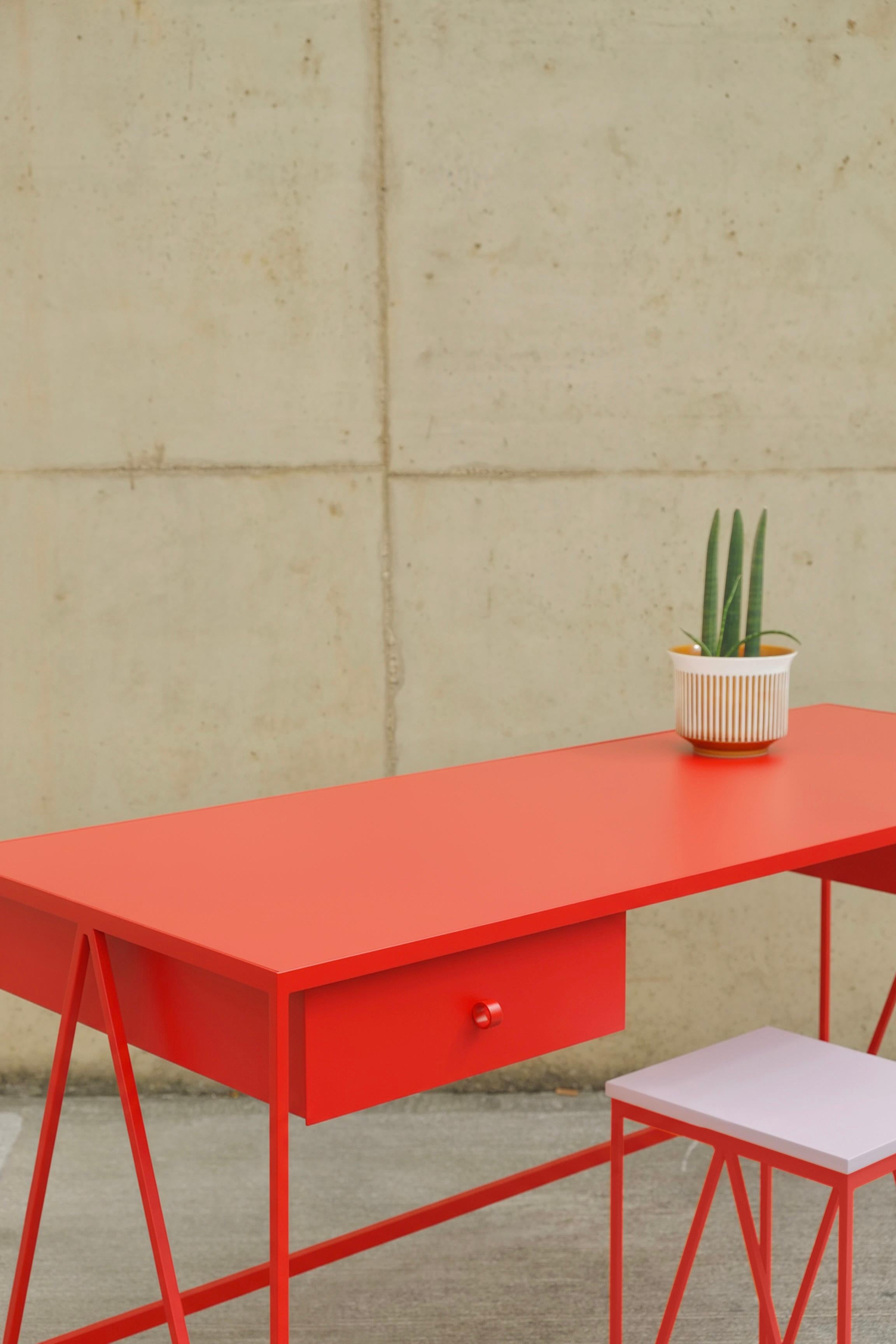 Modern Red Steel Contemporary Study Desk with Two Drawers - Customizable For Sale