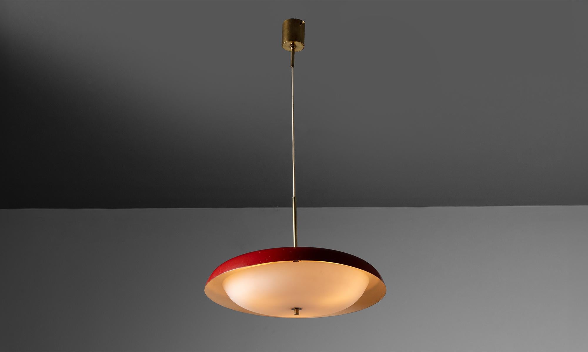 Red Stilnovo Pendant
Italy, 1950
Red metal shade with brass stem and canopy. Frosted glass diffuser.
19”dia x 33” ( overall height )