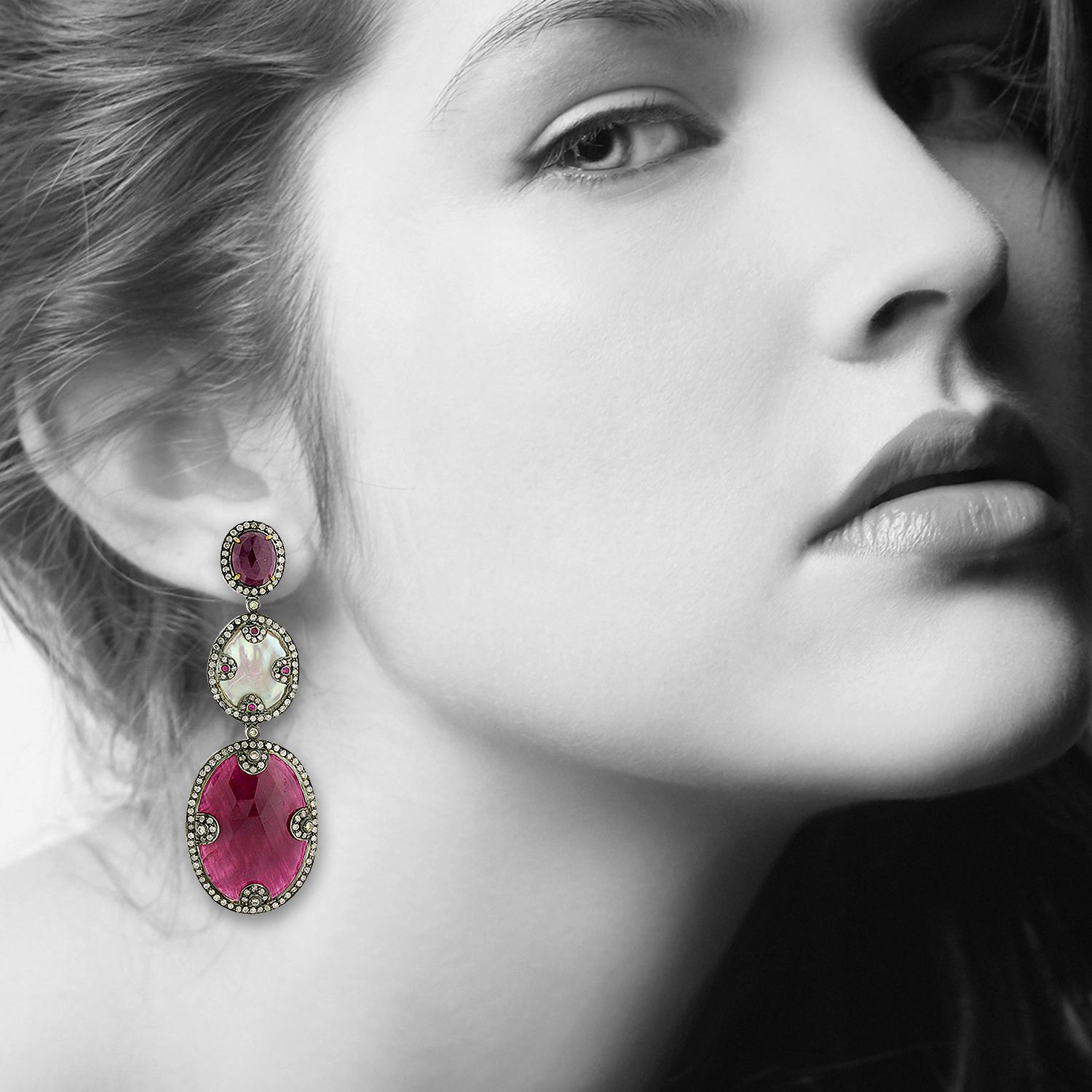 Artisan Three Tier Ruby & Pearl Earrings With Diamonds Made In 18k Gold & Silver For Sale