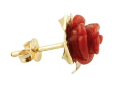 Red Stone Flower, 18 Karat Yellow Gold Stud Flower Shape Earrings