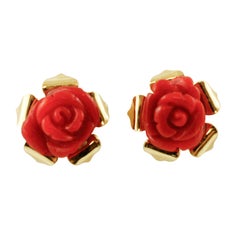 Red Stone Flower, 18 Karat Yellow Gold Stud Flower Shape Earrings