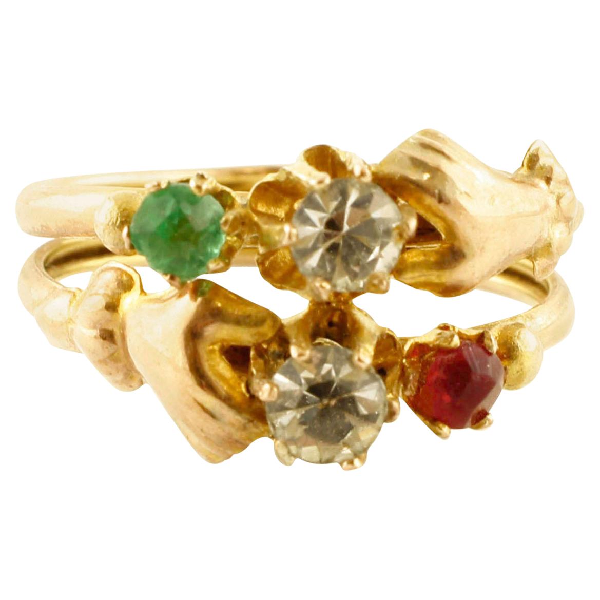 Red Stone, Green Stone, White Stones, 9 Karat Rose Gold Old Retrò Ring For Sale