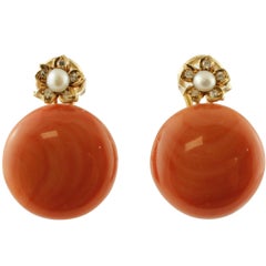 Red Stones Buttons, Diamonds, Pearls, 14 Karat Rose Gold Earrings