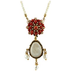Red Stones, Pearls, Enamel, White Stone Row Yellow Gold Pendant Necklace