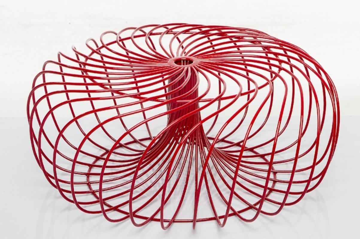 Designed by Andrea Macruz, contemporary Brazilian design, painted steel. Brazil, 2016.

R.ed is a stool inspired in vortices. A vortex is a rotating vacuum in which the currents present a circular or spiral pattern. It can be observed in different