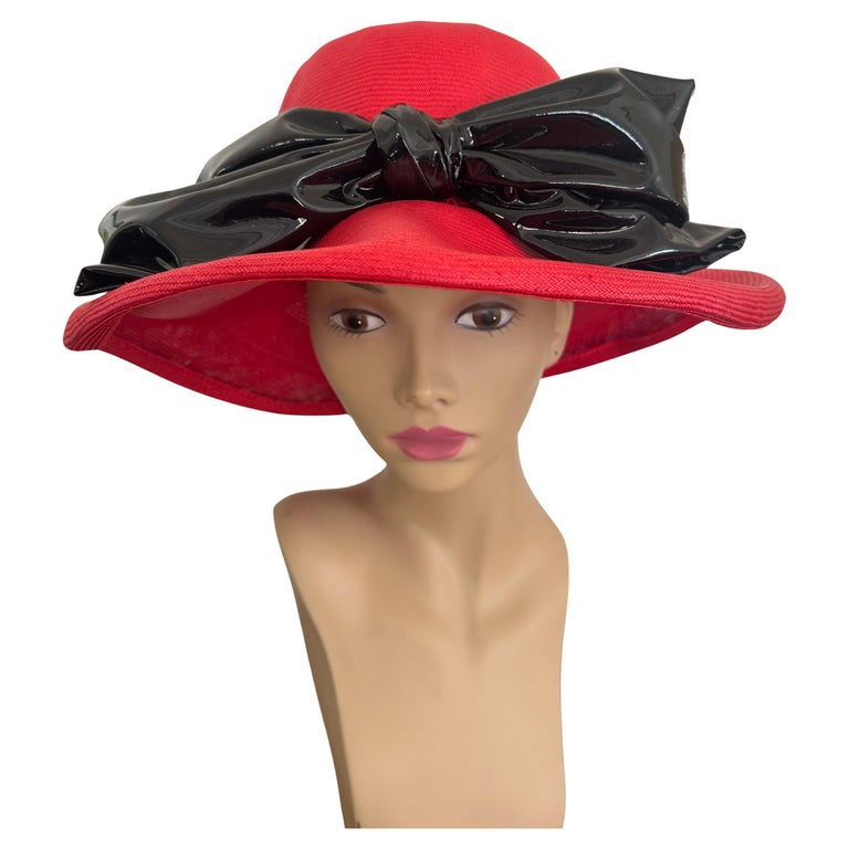 Red Straw Black Bow Derby Hat Vintage 1960s For Sale at 