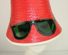 Red Straw Bucket Beach Hat With Built-In Sunglasses, C.1960