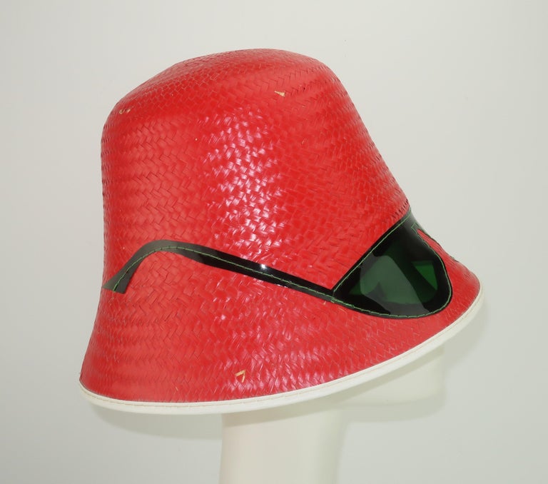 Red Straw Bucket Beach Hat With Built-In Sunglasses, C.1960 at 1stDibs